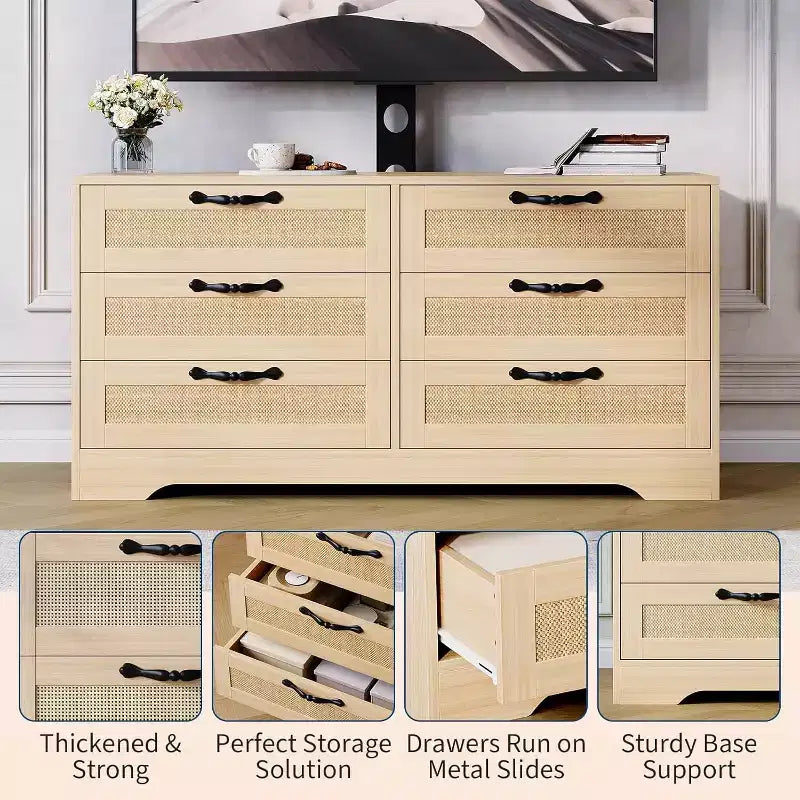 Meuble TV Naturel 6 Tiroirs de 120 cm, Meuble TV en Rotin pour Téléviseurs de 32 à 85 Pouces, pour Salon, Montage Facile