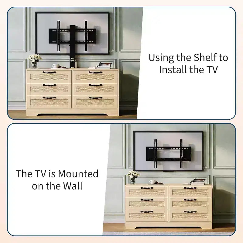 Meuble TV Naturel 6 Tiroirs de 120 cm, Meuble TV en Rotin pour Téléviseurs de 32 à 85 Pouces, pour Salon, Montage Facile