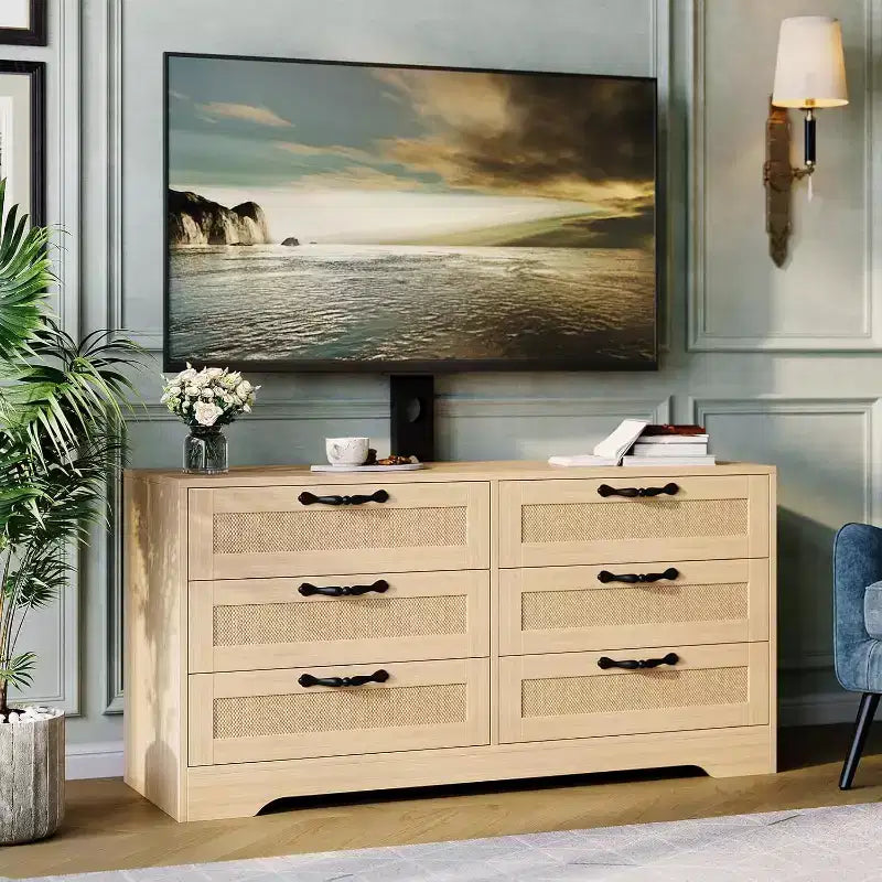 Meuble TV Naturel 6 Tiroirs de 120 cm, Meuble TV en Rotin pour Téléviseurs de 32 à 85 Pouces, pour Salon, Montage Facile