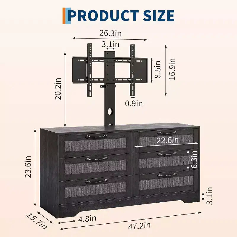 Meuble TV Naturel 6 Tiroirs de 120 cm, Meuble TV en Rotin pour Téléviseurs de 32 à 85 Pouces, pour Salon, Montage Facile