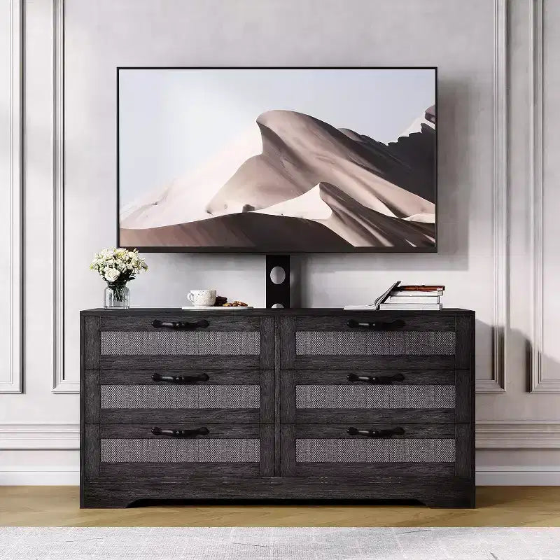 Meuble TV Naturel 6 Tiroirs de 120 cm, Meuble TV en Rotin pour Téléviseurs de 32 à 85 Pouces, pour Salon, Montage Facile