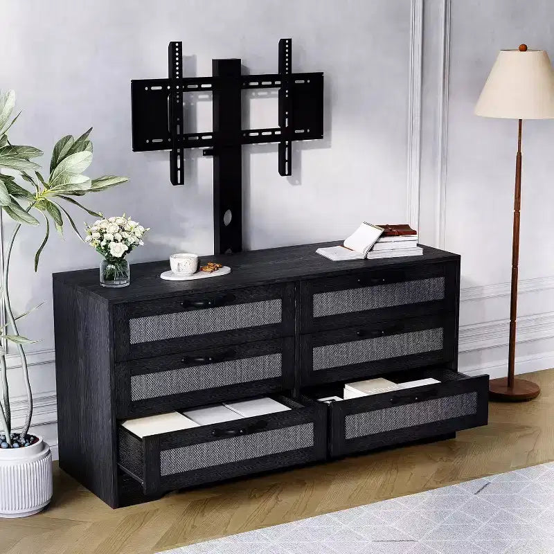 Meuble TV Naturel 6 Tiroirs de 120 cm, Meuble TV en Rotin pour Téléviseurs de 32 à 85 Pouces, pour Salon, Montage Facile