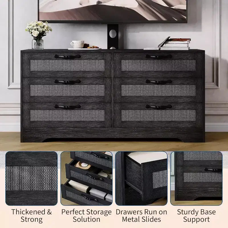 Meuble TV Naturel 6 Tiroirs de 120 cm, Meuble TV en Rotin pour Téléviseurs de 32 à 85 Pouces, pour Salon, Montage Facile