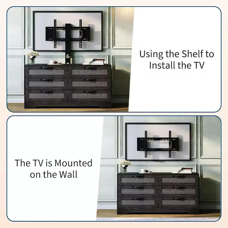 Meuble TV Naturel 6 Tiroirs de 120 cm, Meuble TV en Rotin pour Téléviseurs de 32 à 85 Pouces, pour Salon, Montage Facile
