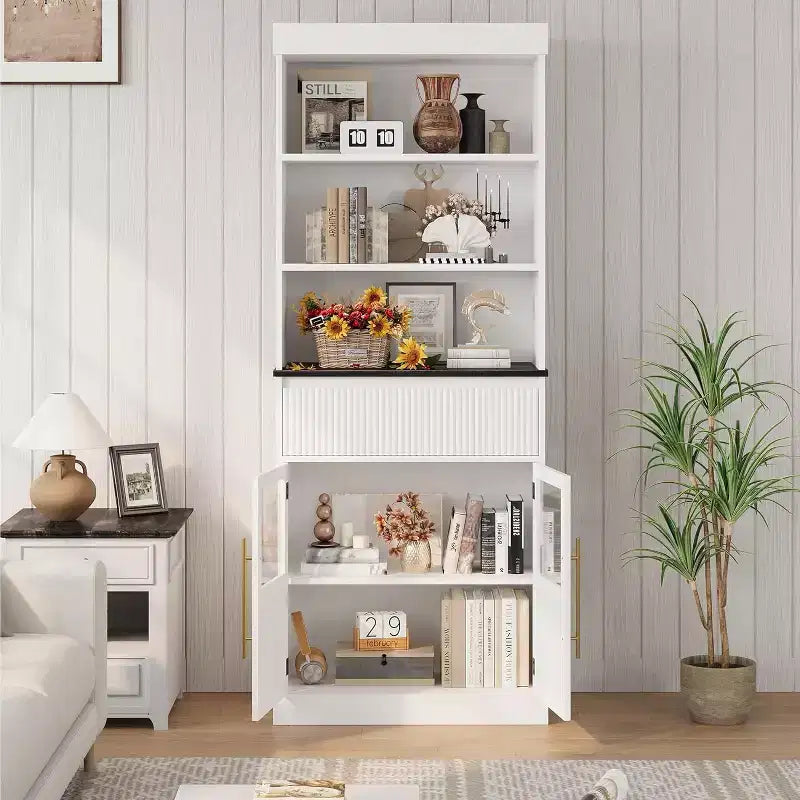 Meuble de rangement haut de 178 cm, Rangement semi-ouvert avec tiroir, 2 portes vitrées - 3 étagères réglables, Meuble de rangement polyvalent pour cuisine ou toute pièce