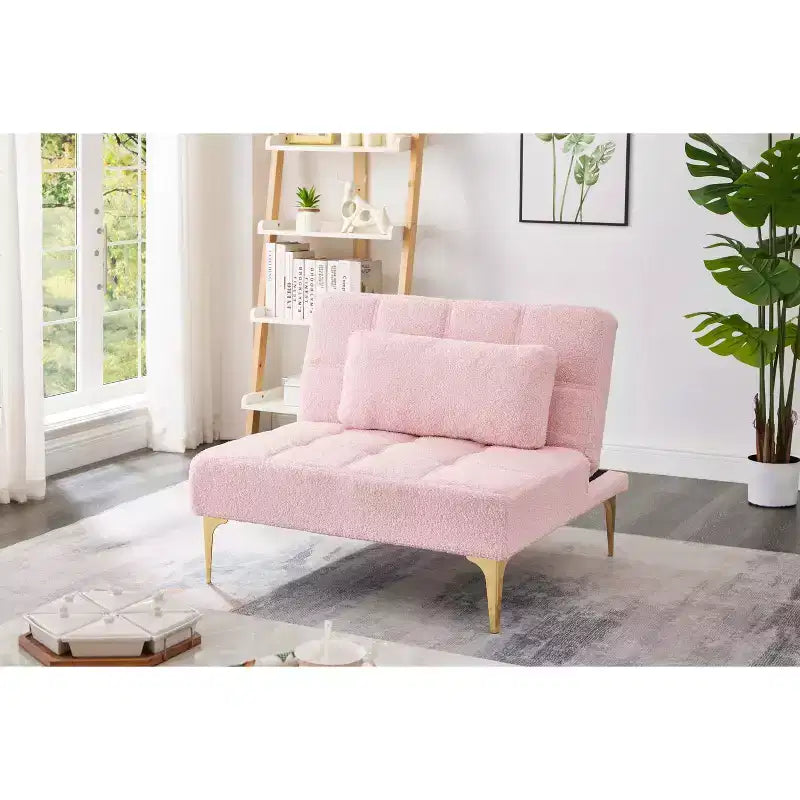 MAYEERTY Fauteuil une place futon en tissu Teddy confortable avec pieds en métal doré, mousse et ressorts pour salon, rose