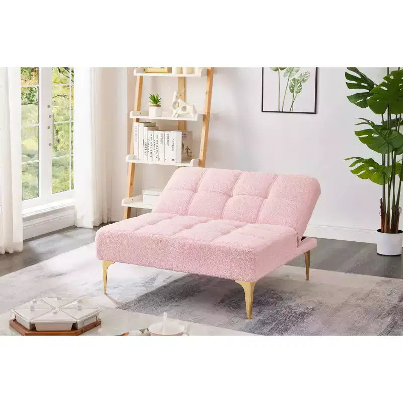 MAYEERTY Fauteuil une place futon en tissu Teddy confortable avec pieds en métal doré, mousse et ressorts pour salon, rose