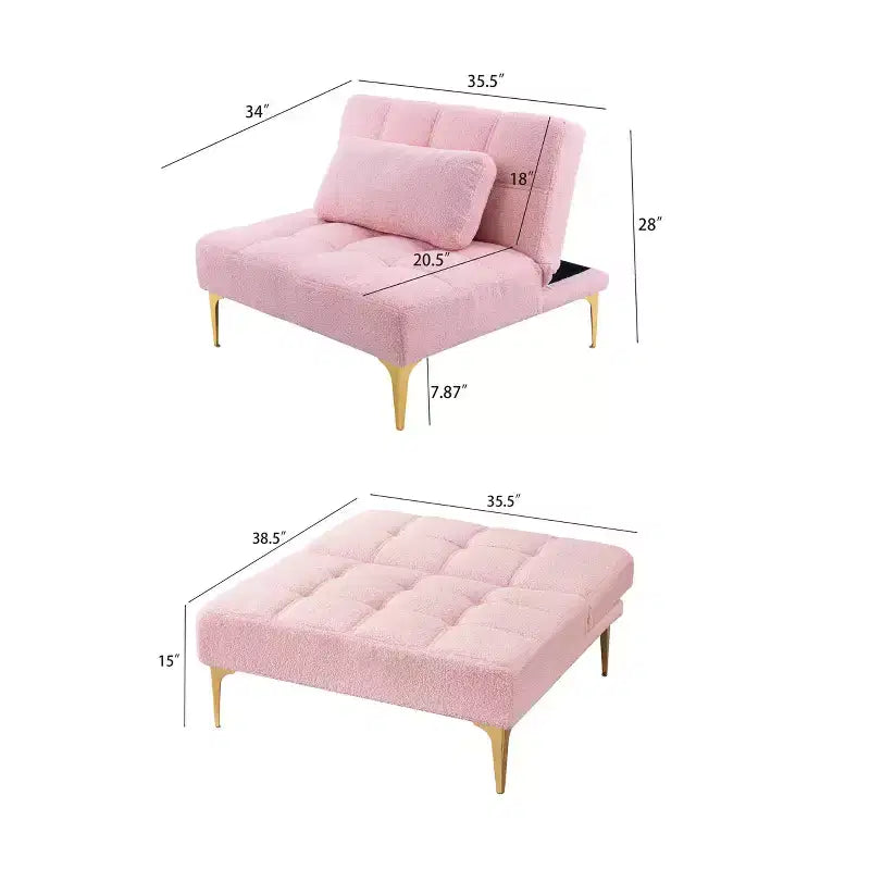 MAYEERTY Fauteuil une place futon en tissu Teddy confortable avec pieds en métal doré, mousse et ressorts pour salon, rose