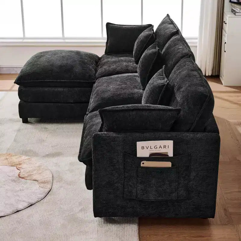 102 Canapé Sectionnel Moderne avec Ottoman, Coussins Double Couche, Canapé Nuage en Tissu Doux pour Salons, Appartements ou Lounges-Panipeachy