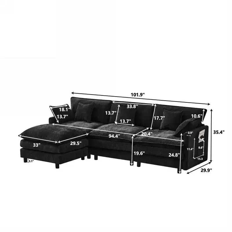 102 Canapé Sectionnel Moderne avec Ottoman, Coussins Double Couche, Canapé Nuage en Tissu Doux pour Salons, Appartements ou Lounges-Panipeachy