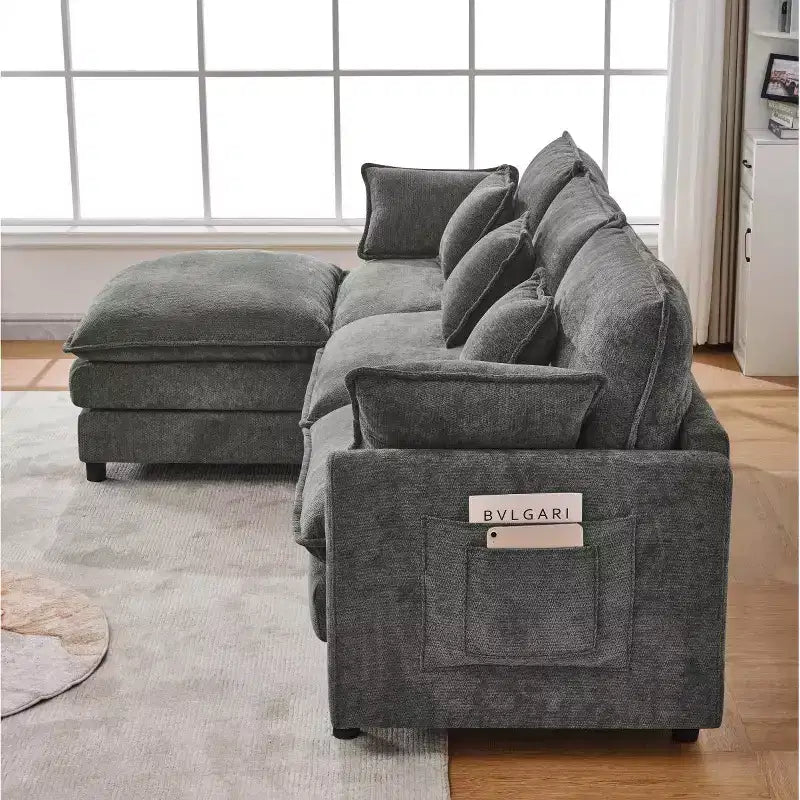 102 Canapé Sectionnel Moderne avec Ottoman, Coussins Double Couche, Canapé Nuage en Tissu Doux pour Salons, Appartements ou Lounges-Panipeachy
