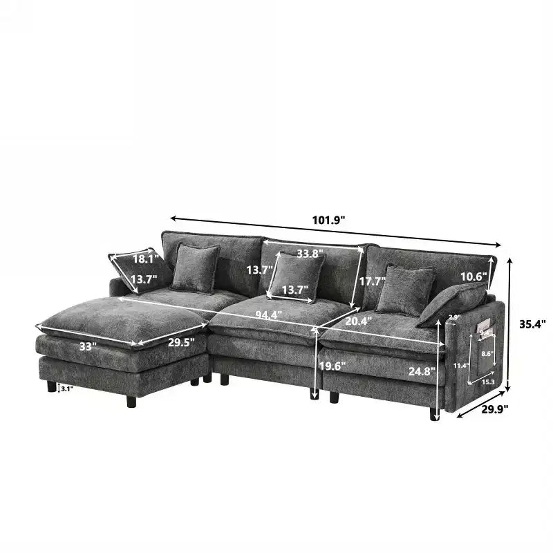 102 Canapé Sectionnel Moderne avec Ottoman, Coussins Double Couche, Canapé Nuage en Tissu Doux pour Salons, Appartements ou Lounges-Panipeachy