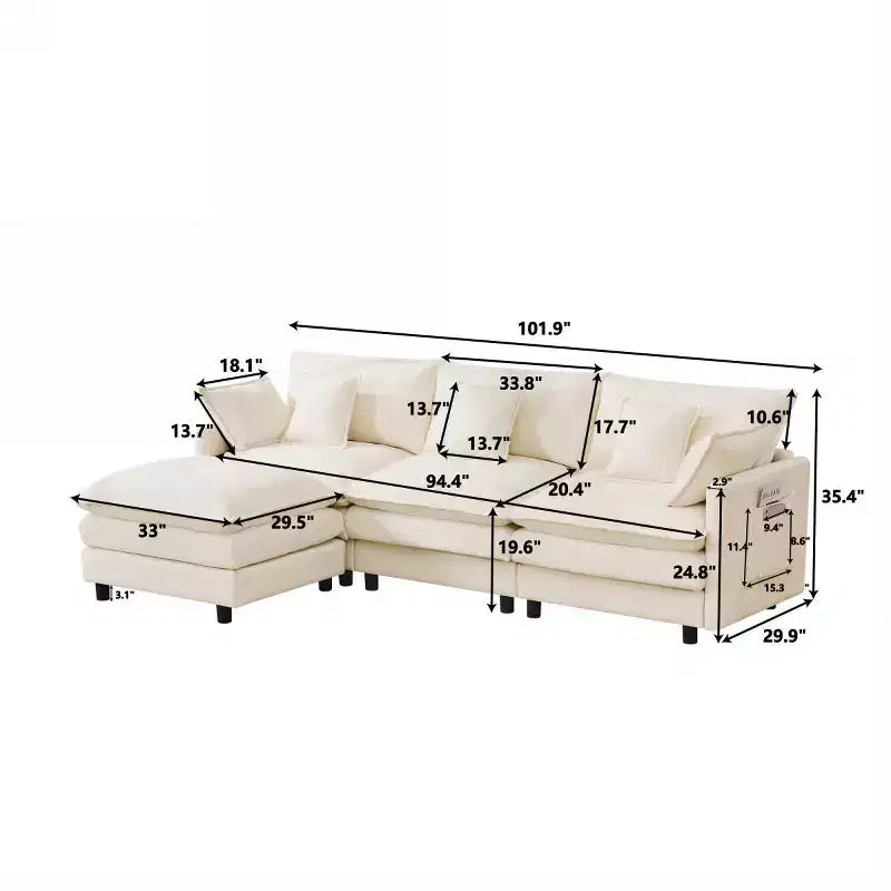 102 Canapé Sectionnel Moderne avec Ottoman, Coussins Double Couche, Canapé Nuage en Tissu Doux pour Salons, Appartements ou Lounges-Panipeachy