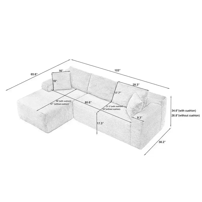 103 Canapé modulable moderne avec méridienne, canapé d'angle en velours côtelé avec assise profonde pour petit salon ou salle familiale - Panipeachy