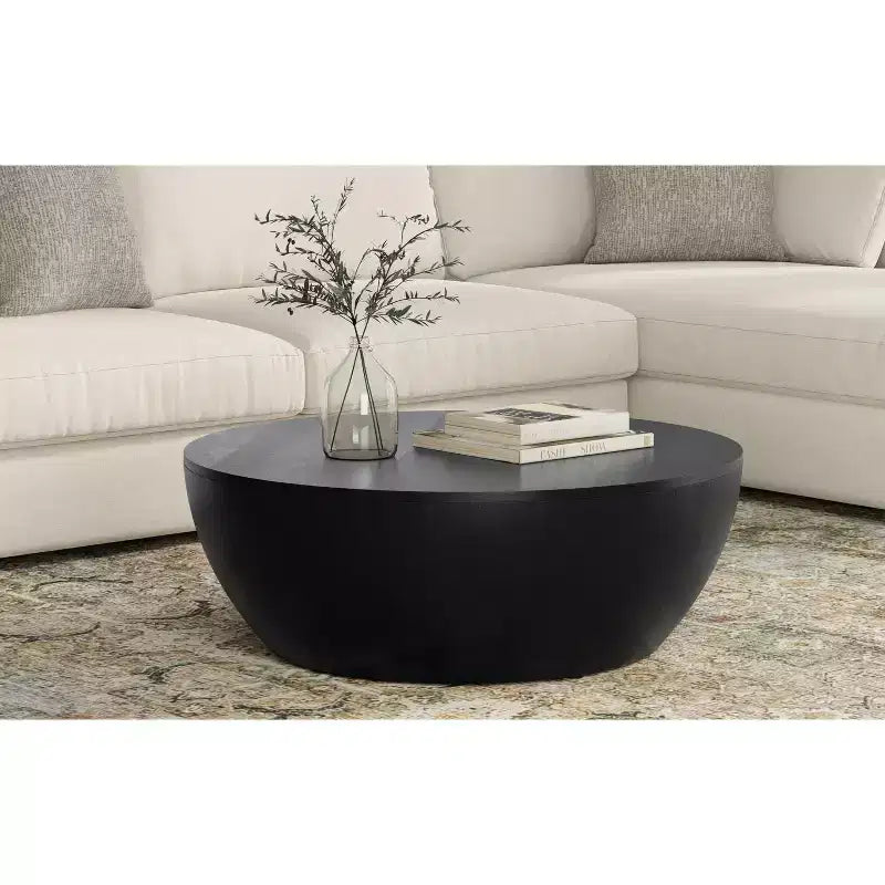 Table basse industrielle moderne Keystone 34 pouces, en manguier massif, en forme de tambour, assemblée