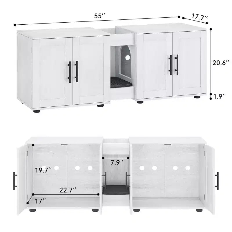 Meuble de litière double pour 2 chats, meuble TV, surface étanche facile à nettoyer, loquets d'armoire et rainures de rangement, mobilier pour animaux de compagnie pour le salon