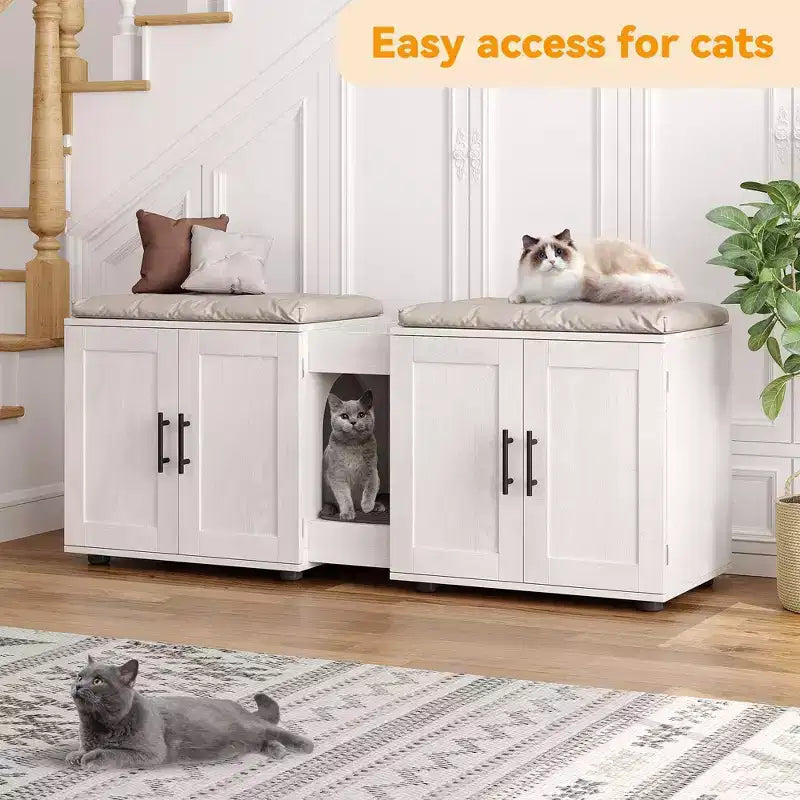 Meuble de litière double pour 2 chats, meuble TV, surface étanche facile à nettoyer, loquets d'armoire et rainures de rangement, mobilier pour animaux de compagnie pour le salon