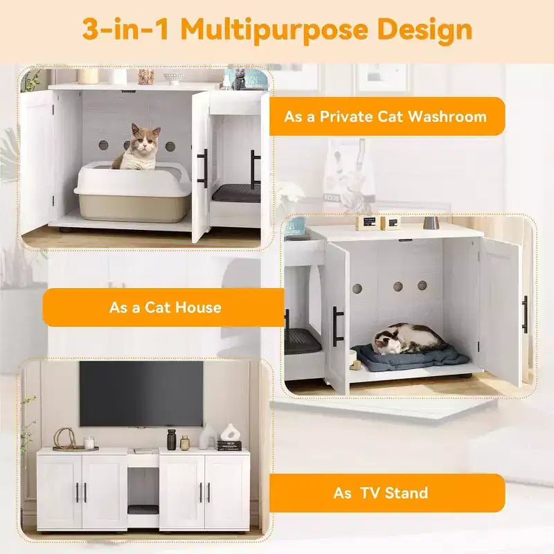 Meuble de litière double pour 2 chats, meuble TV, surface étanche facile à nettoyer, loquets d'armoire et rainures de rangement, mobilier pour animaux de compagnie pour le salon