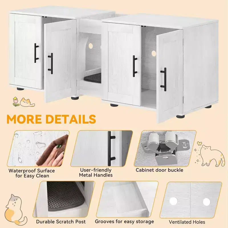 Meuble de litière double pour 2 chats, meuble TV, surface étanche facile à nettoyer, loquets d'armoire et rainures de rangement, mobilier pour animaux de compagnie pour le salon