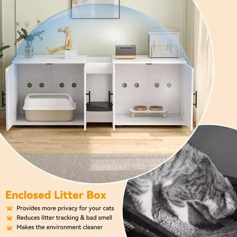 Meuble de litière double pour 2 chats, meuble TV, surface étanche facile à nettoyer, loquets d'armoire et rainures de rangement, mobilier pour animaux de compagnie pour le salon