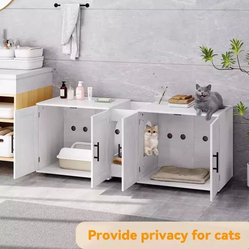 Meuble de litière double pour 2 chats, meuble TV, surface étanche facile à nettoyer, loquets d'armoire et rainures de rangement, mobilier pour animaux de compagnie pour le salon