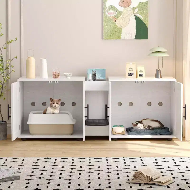 Meuble de litière double pour 2 chats, meuble TV, surface étanche facile à nettoyer, loquets d'armoire et rainures de rangement, mobilier pour animaux de compagnie pour le salon