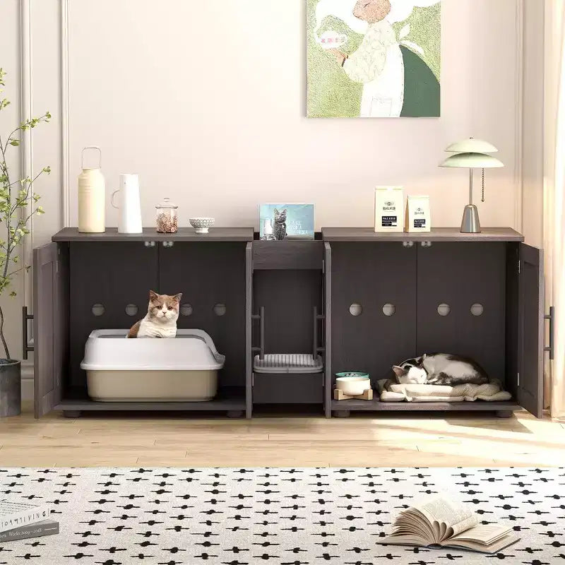 Meuble de litière double pour 2 chats, meuble TV, surface étanche facile à nettoyer, loquets d'armoire et rainures de rangement, mobilier pour animaux de compagnie pour le salon