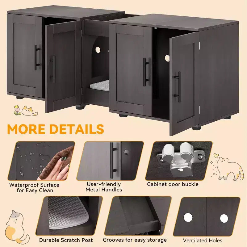 Meuble de litière double pour 2 chats, meuble TV, surface étanche facile à nettoyer, loquets d'armoire et rainures de rangement, mobilier pour animaux de compagnie pour le salon