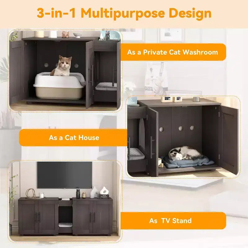 Meuble de litière double pour 2 chats, meuble TV, surface étanche facile à nettoyer, loquets d'armoire et rainures de rangement, mobilier pour animaux de compagnie pour le salon