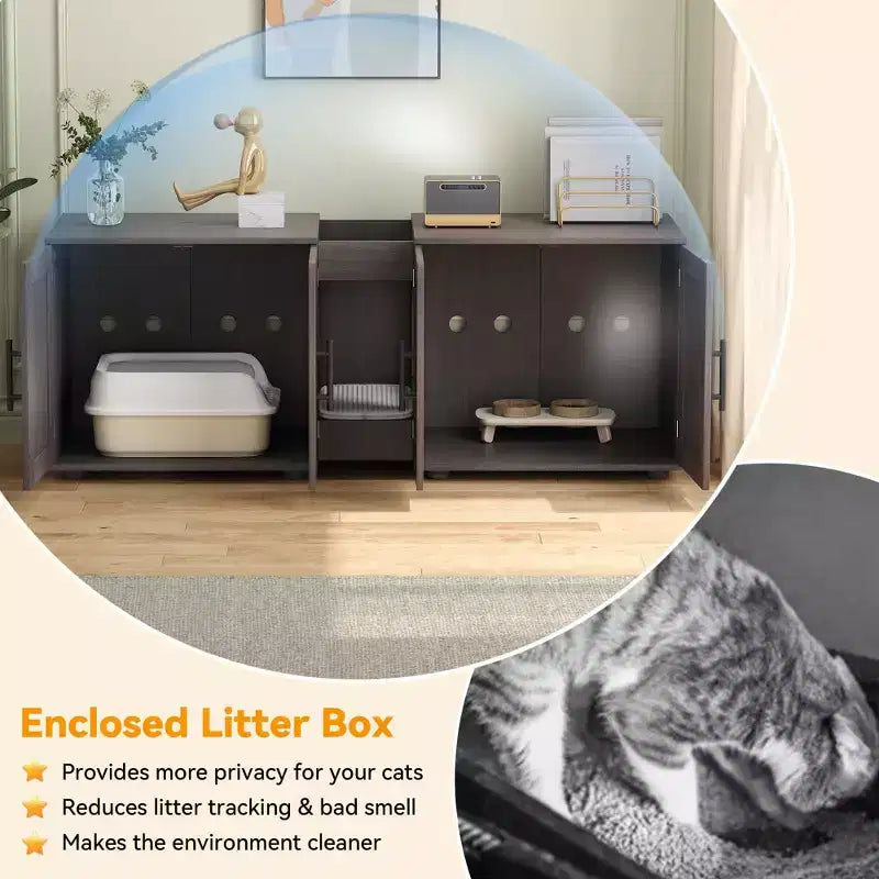 Meuble de litière double pour 2 chats, meuble TV, surface étanche facile à nettoyer, loquets d'armoire et rainures de rangement, mobilier pour animaux de compagnie pour le salon