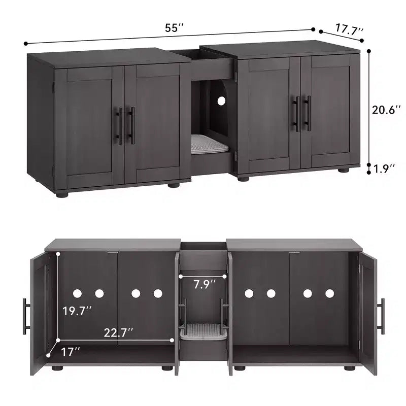 Meuble de litière double pour 2 chats, meuble TV, surface étanche facile à nettoyer, loquets d'armoire et rainures de rangement, mobilier pour animaux de compagnie pour le salon