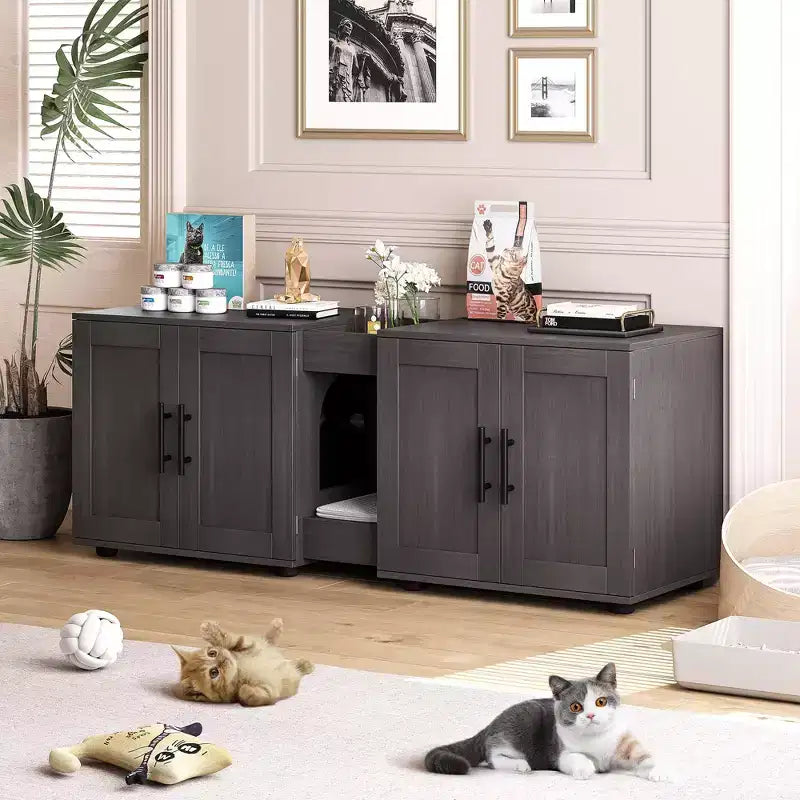 Meuble de litière double pour 2 chats, meuble TV, surface étanche facile à nettoyer, loquets d'armoire et rainures de rangement, mobilier pour animaux de compagnie pour le salon