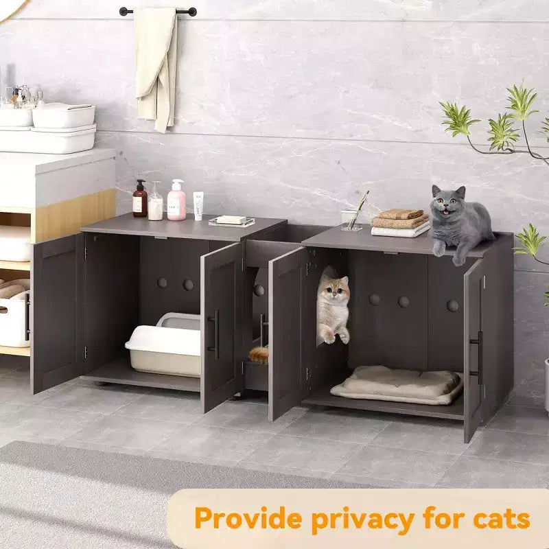 Meuble de litière double pour 2 chats, meuble TV, surface étanche facile à nettoyer, loquets d'armoire et rainures de rangement, mobilier pour animaux de compagnie pour le salon