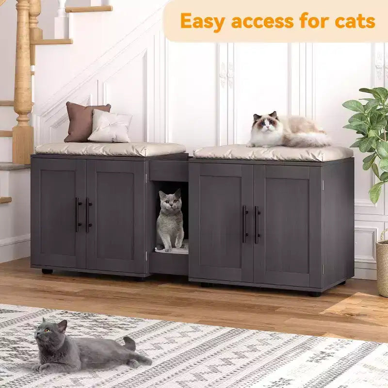 Meuble de litière double pour 2 chats, meuble TV, surface étanche facile à nettoyer, loquets d'armoire et rainures de rangement, mobilier pour animaux de compagnie pour le salon