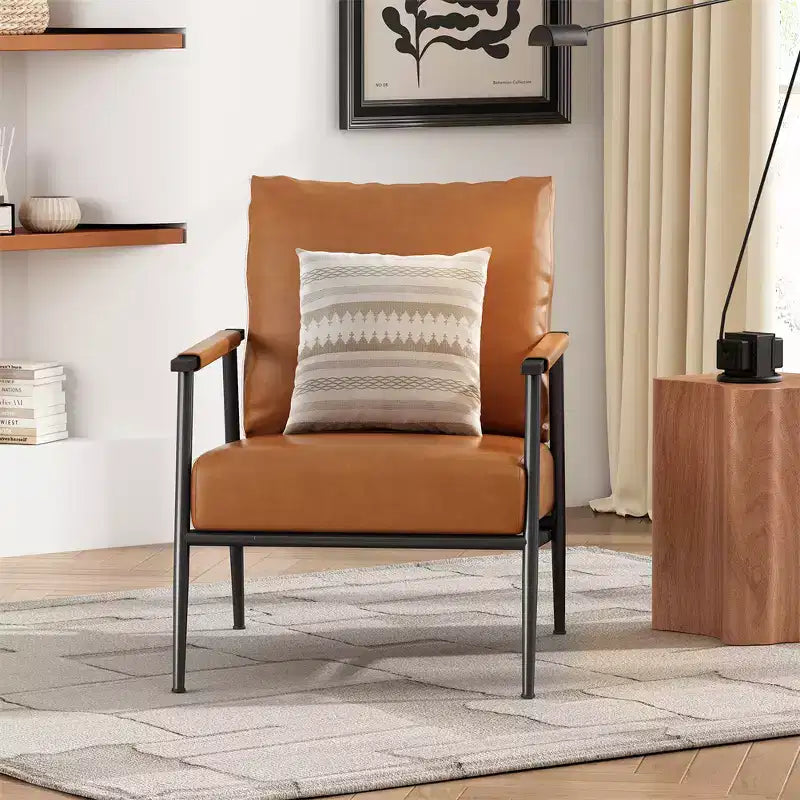 Fauteuil d'appoint, Moderne du milieu du siècle, Similicuir marron, Dossier haut rembourré, Cadre métallique, Accoudoirs en bois, pour Salon Chambre Bureau