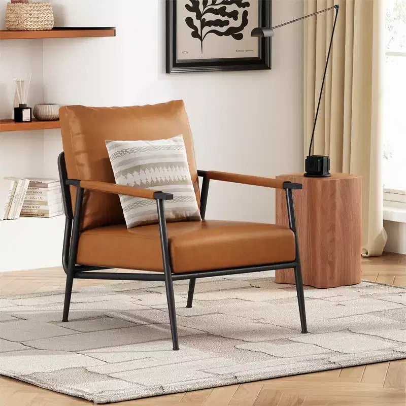 Fauteuil d'appoint, Moderne du milieu du siècle, Similicuir marron, Dossier haut rembourré, Cadre métallique, Accoudoirs en bois, pour Salon Chambre Bureau