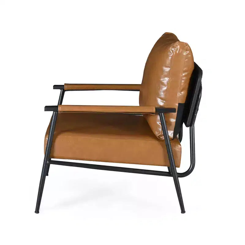 Fauteuil d'appoint, Moderne du milieu du siècle, Similicuir marron, Dossier haut rembourré, Cadre métallique, Accoudoirs en bois, pour Salon Chambre Bureau
