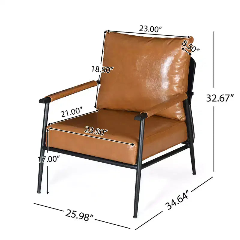 Fauteuil d'appoint, Moderne du milieu du siècle, Similicuir marron, Dossier haut rembourré, Cadre métallique, Accoudoirs en bois, pour Salon Chambre Bureau