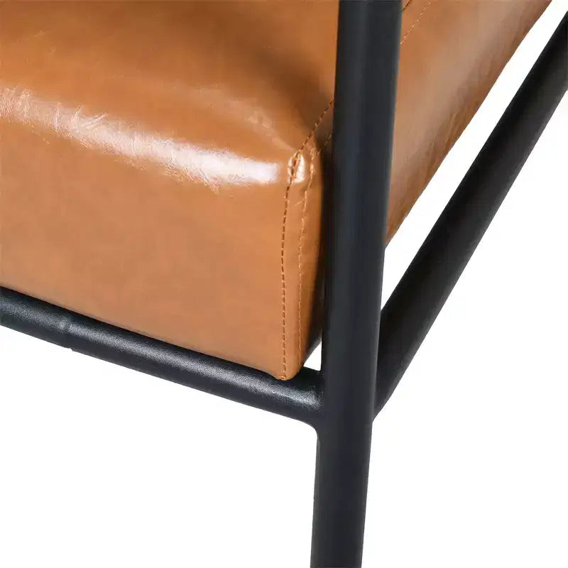 Fauteuil d'appoint, Moderne du milieu du siècle, Similicuir marron, Dossier haut rembourré, Cadre métallique, Accoudoirs en bois, pour Salon Chambre Bureau