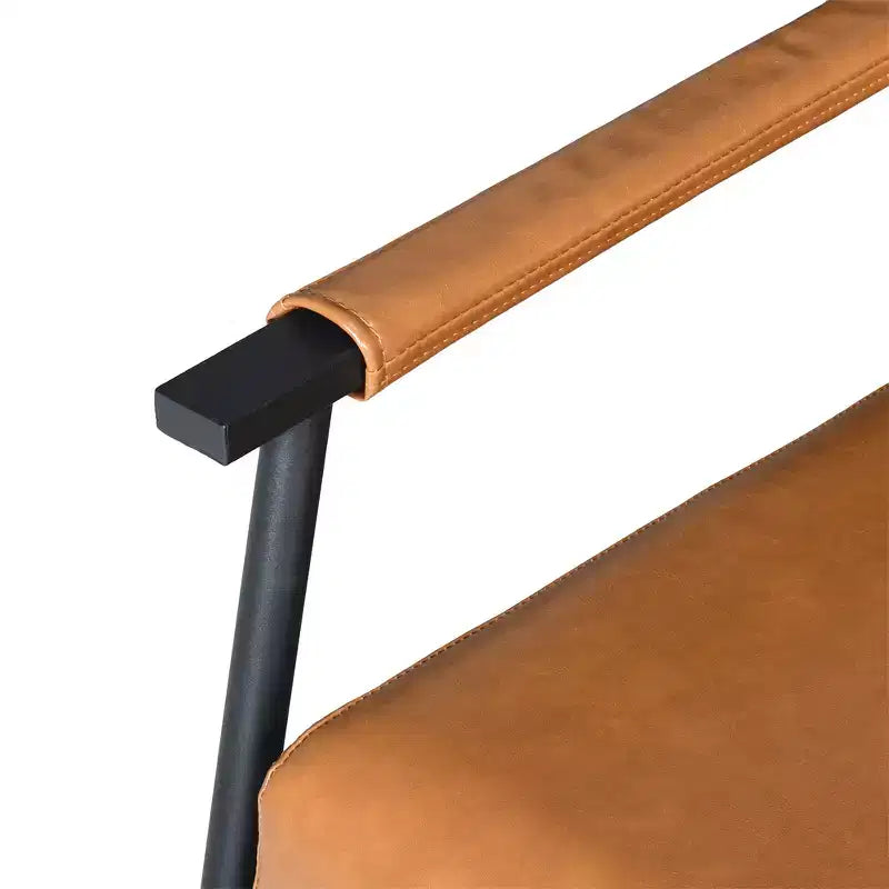 Fauteuil d'appoint, Moderne du milieu du siècle, Similicuir marron, Dossier haut rembourré, Cadre métallique, Accoudoirs en bois, pour Salon Chambre Bureau