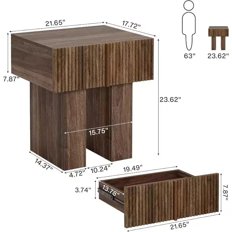Table de chevet cannelée Lantine, Table de chevet en bois avec tiroir de rangement, Table d'appoint moderne pour chambre à coucher