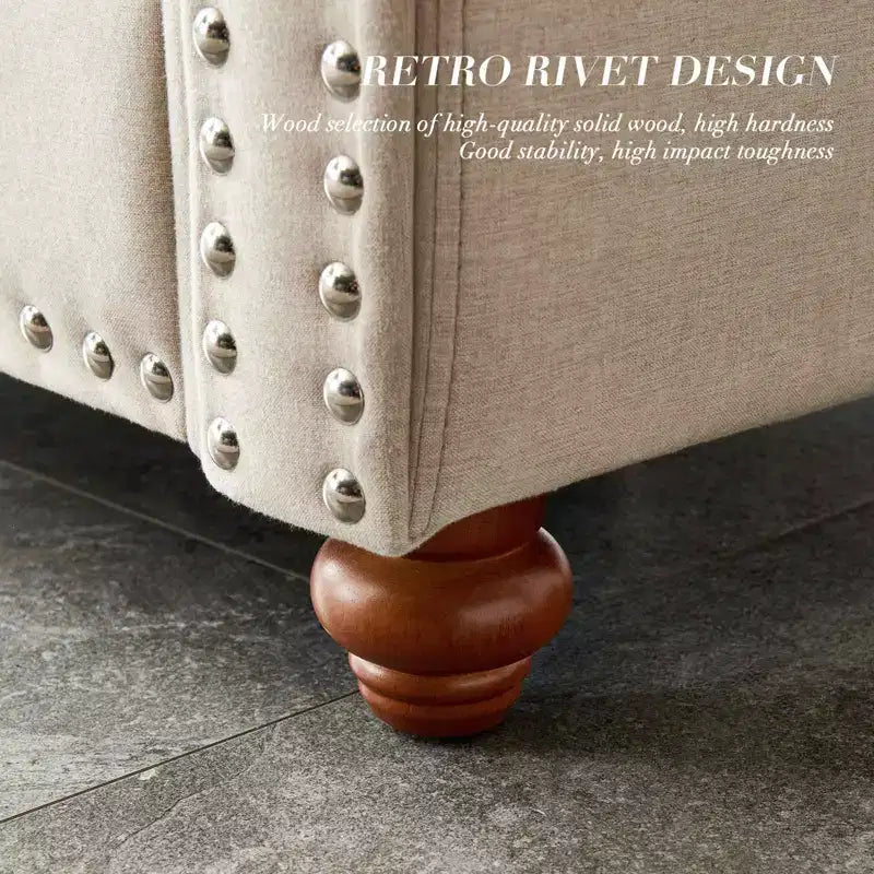 Canapé de rangement MAYEERTY en similicuir, avec cadre en bois massif et métal, décor clous argentés pour salon, beige