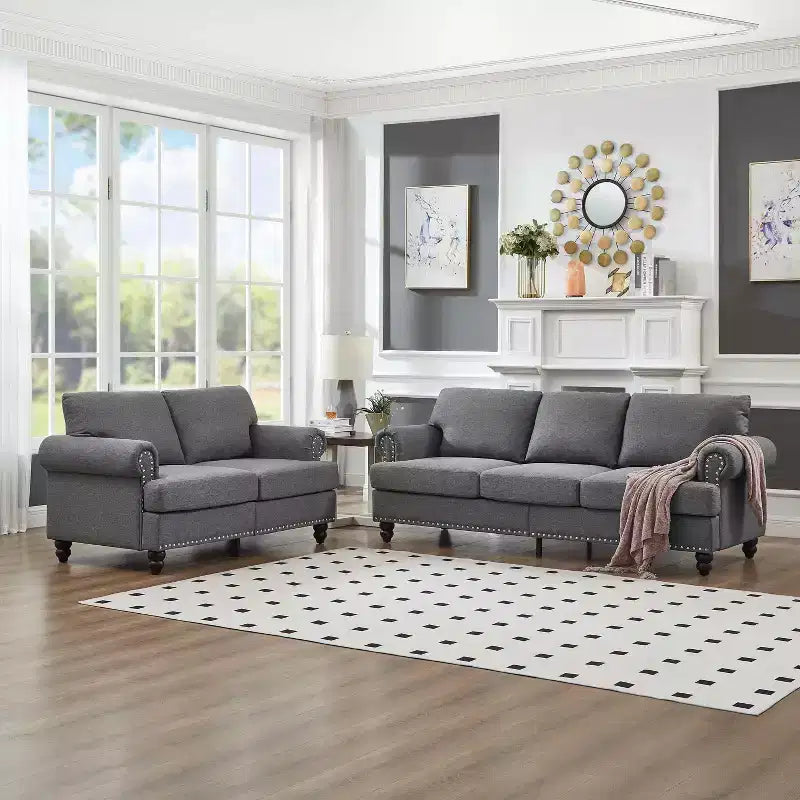 MAYEERTY Modern Sectional Sofa Classic Design with Nails Living Room 5 Seaters Upgolstered Polyester Gray