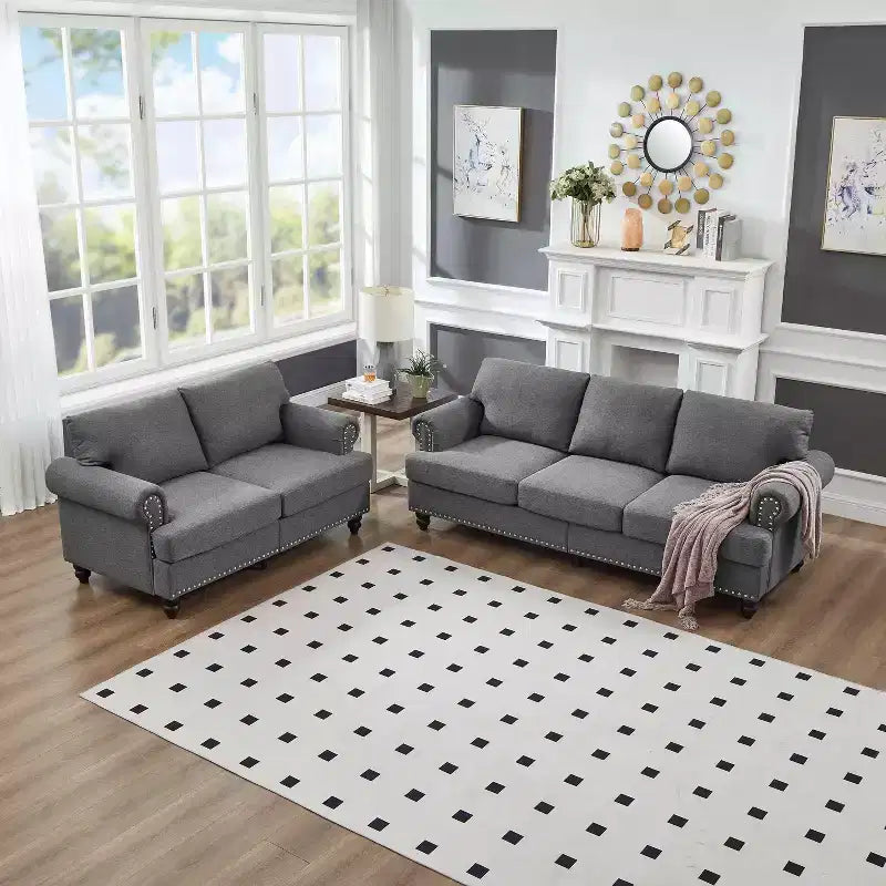 MAYEERTY Canapé sectionnel moderne au design classique avec clous Salon 5 places Rembourré Polyester Gris