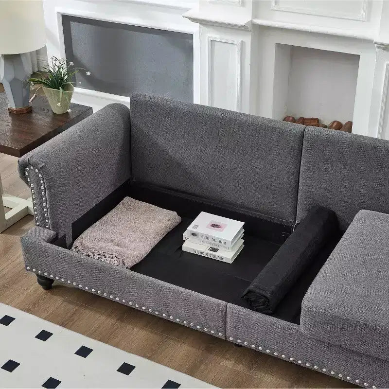 MAYEERTY Canapé sectionnel moderne au design classique avec clous Salon 5 places Rembourré Polyester Gris