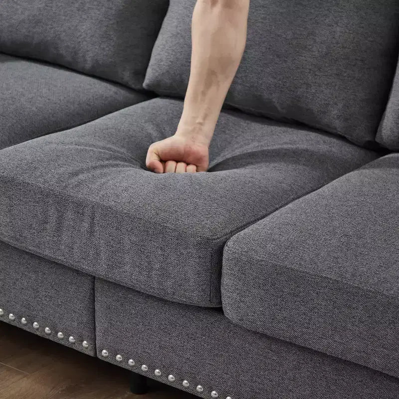 MAYEERTY Canapé sectionnel moderne au design classique avec clous Salon 5 places Rembourré Polyester Gris