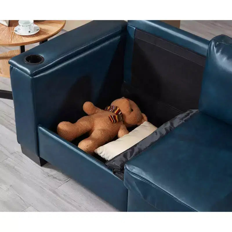 MAYEERTY Canapé sectionnel deux pièces 2+3 places avec porte-gobelets Accoudoir carré Rembourré en similicuir pour salon Bleu marine