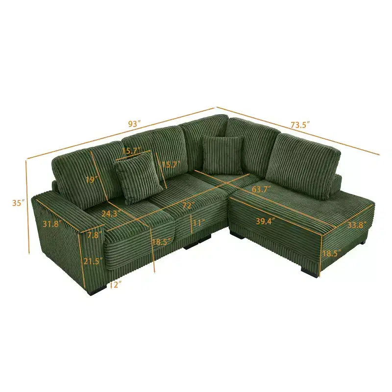 Canapé d'angle MAYEERTY 93 avec méridienne réversible, canapé rembourré en velours côtelé doux pour salon vert