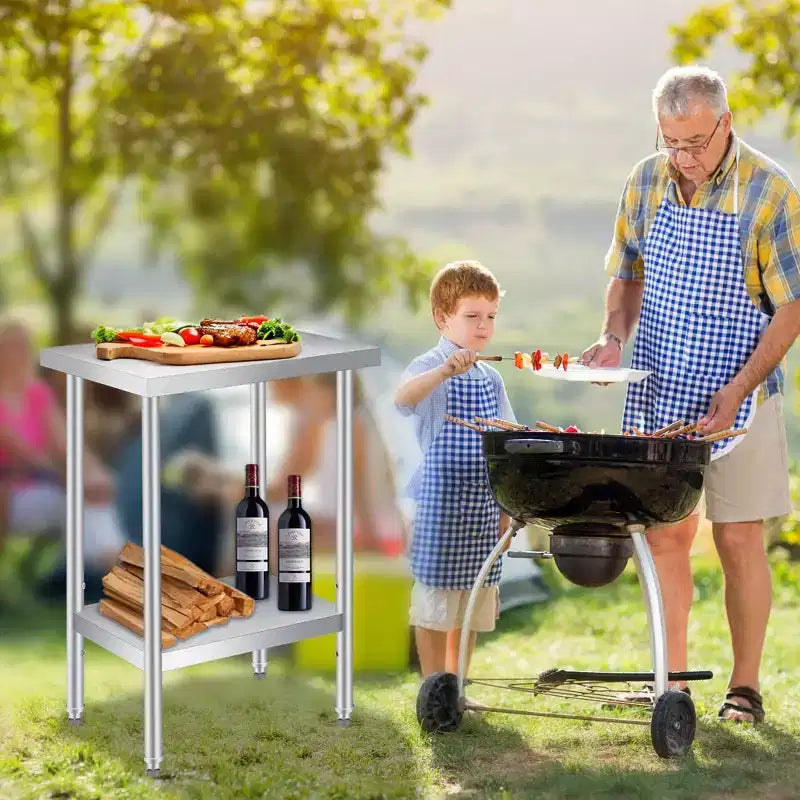 Table en acier inoxydable, table de travail robuste à 2 niveaux certifiée NSF avec étagère inférieure réglable, table de préparation utilitaire résistante à la rouille