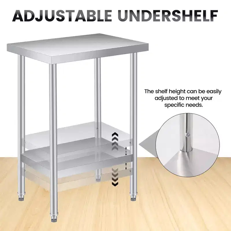 Table en acier inoxydable, table de travail robuste à 2 niveaux certifiée NSF avec étagère inférieure réglable, table de préparation utilitaire résistante à la rouille